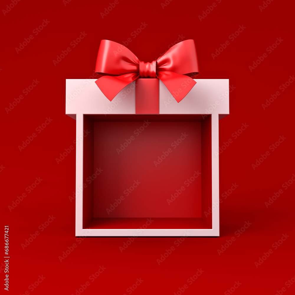 Poster Blank white present gift box exhibition booth mock up stand or gift display showcase box with red ribbon and bow isolated on dark red background minimal conceptual 3D rendering