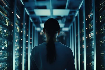 Fototapeta premium A woman standing in front of a row of servers. This image can be used to illustrate technology, data management, and network infrastructure.