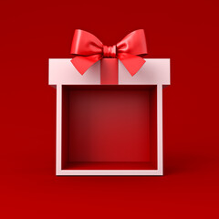 Blank white present gift box exhibition booth mock up stand or gift display showcase box with red ribbon and bow isolated on dark red background minimal conceptual 3D rendering