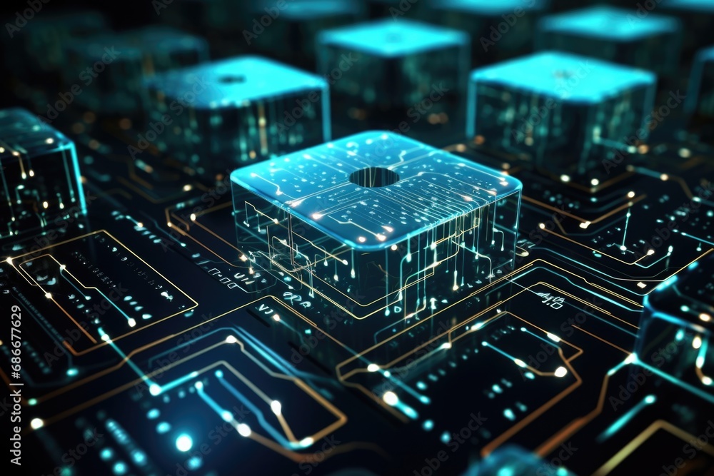 Poster a close-up view of a circuit board with cubes. this image can be used to illustrate technology, elec