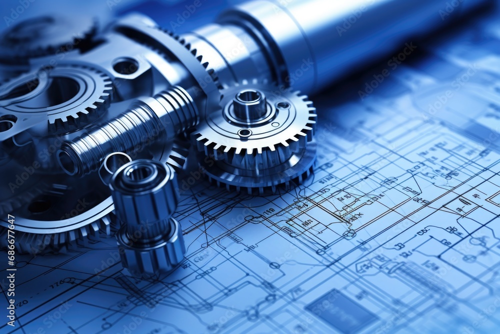 Poster a group of gears placed on top of a blueprint. this image can be used to represent engineering, cons
