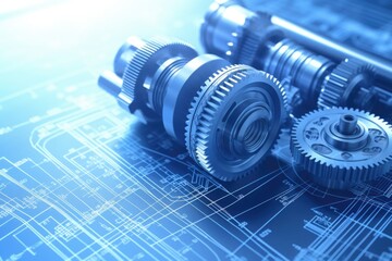A detailed close up of gears on a blueprint. This image can be used to represent engineering, planning, or the concept of working together to achieve a goal.