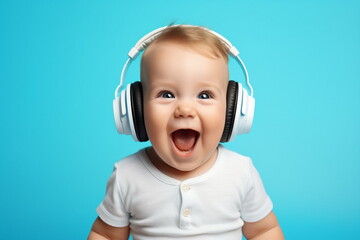 laughing baby listening music with headphones isolated