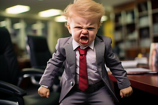 angry baby in suit in office