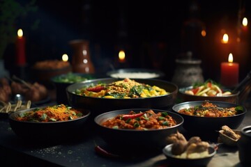 A picture of a table with various bowls of food and a lit candle. This image can be used to depict a cozy dinner setting or a festive meal arrangement.