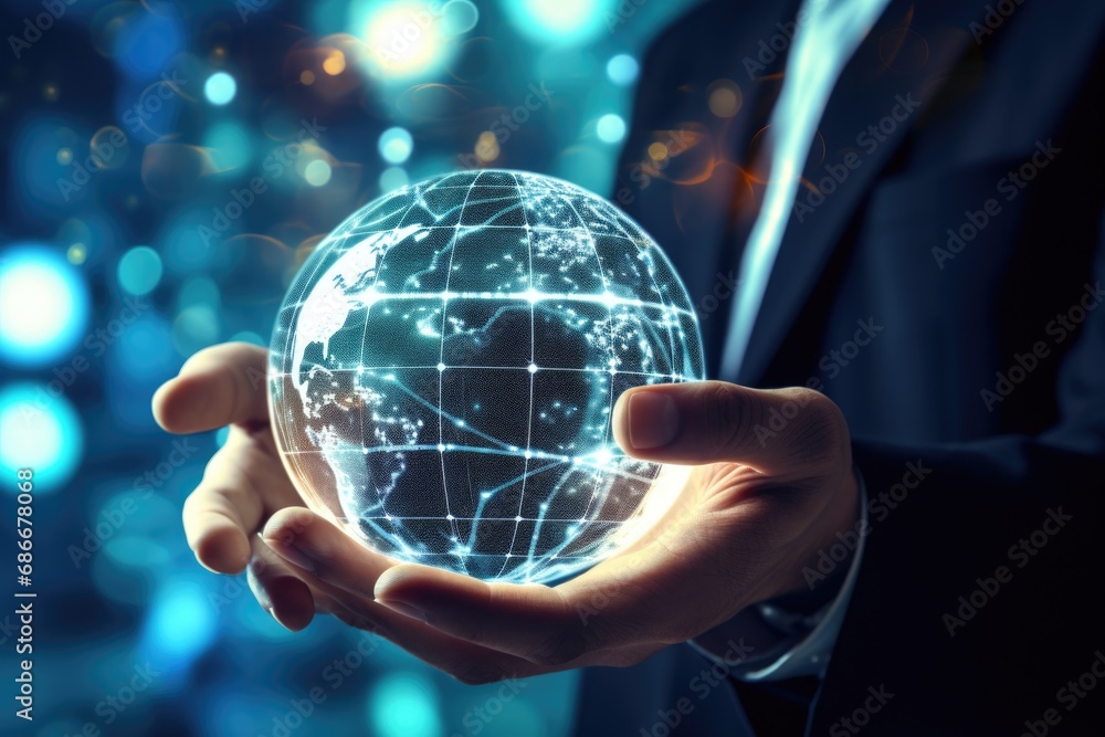 Poster a man in a suit is holding a glowing globe. this image can be used to represent concepts such as glo