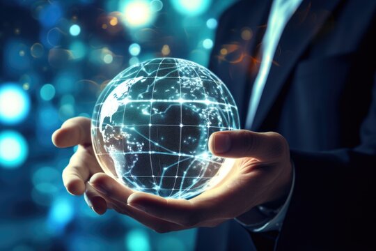 A man in a suit is holding a glowing globe. This image can be used to represent concepts such as global business, international relations, or environmental sustainability.
