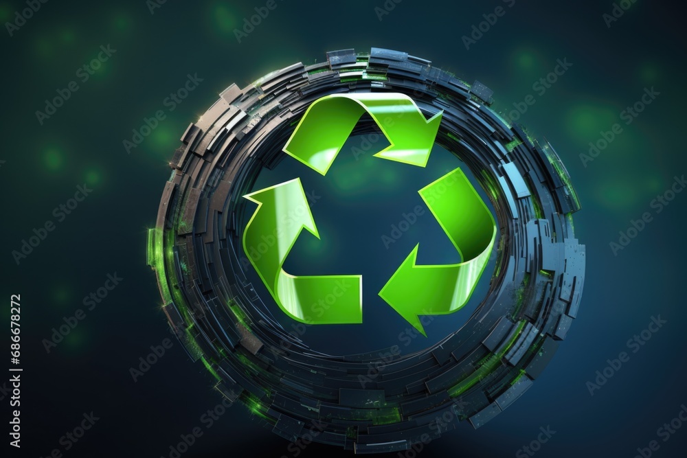 Poster a circular object with a green recycle logo in the middle. this image can be used to promote recycli