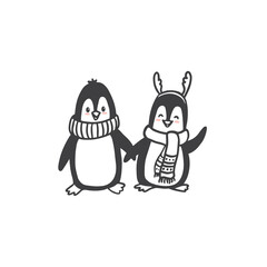 two cute cartoon penguins on a white background. Doodle style. Penguin couple. Character for Christmas card.