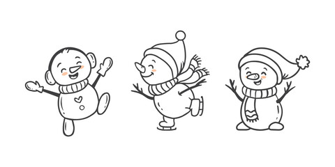 set of cartoon christmas snowman doodle style. Funny snowman wearing hat, scarf and mittens on white background. Snowman is skating. Xmas.