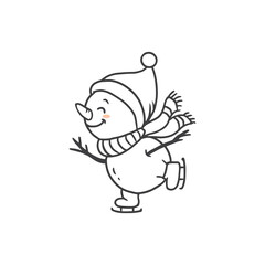cute cartoon snowman is skating. Illustration in doodle style for christmas card. 