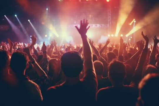 A vibrant image capturing a crowd of people at a concert with their hands raised in the air. Perfect for capturing the energy and excitement of live music events.