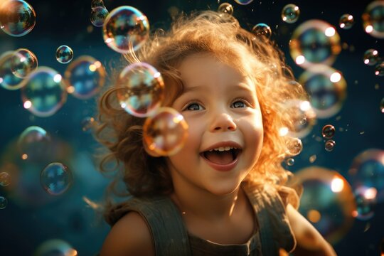 A cute little girl standing in front of a bunch of bubbles. Perfect for capturing the joy and innocence of childhood. Ideal for use in advertisements, blog posts, or social media content.