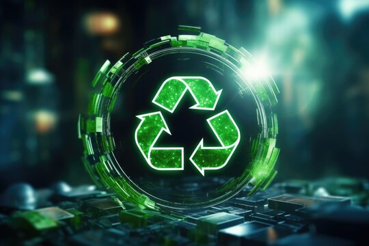A computer keyboard featuring a green recycling symbol. This image can be used to illustrate environmental awareness and the concept of recycling in technology.