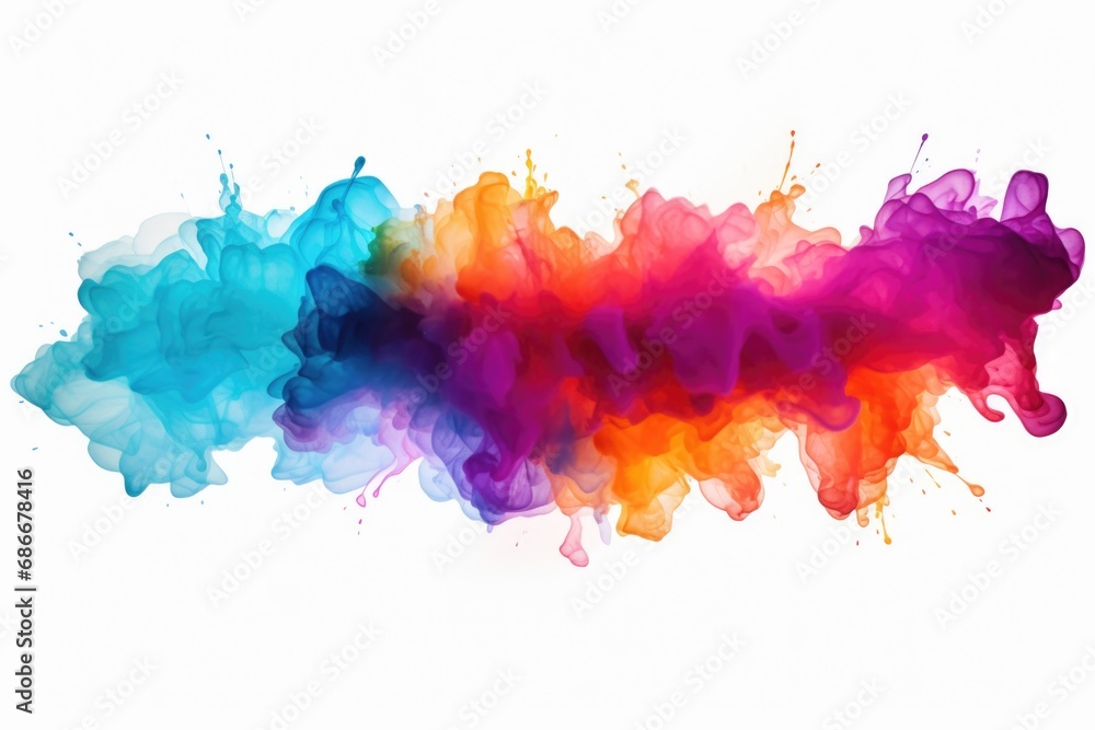 Poster a vibrant and dynamic multicolored cloud of ink captured on a clean white background. this image can
