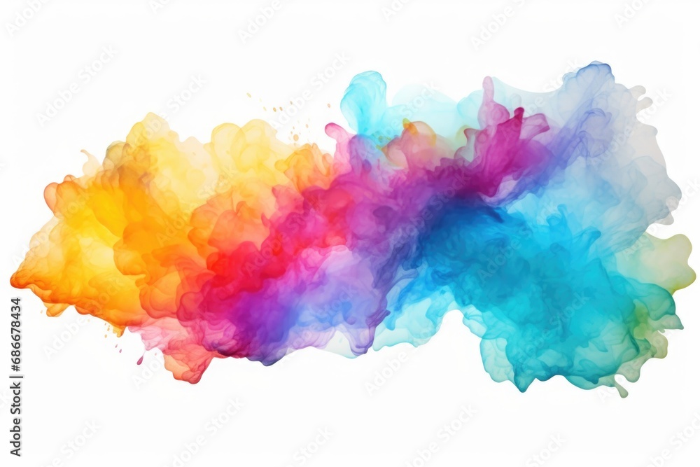 Poster a vibrant rainbow colored cloud of water against a clean white background. perfect for adding a pop 