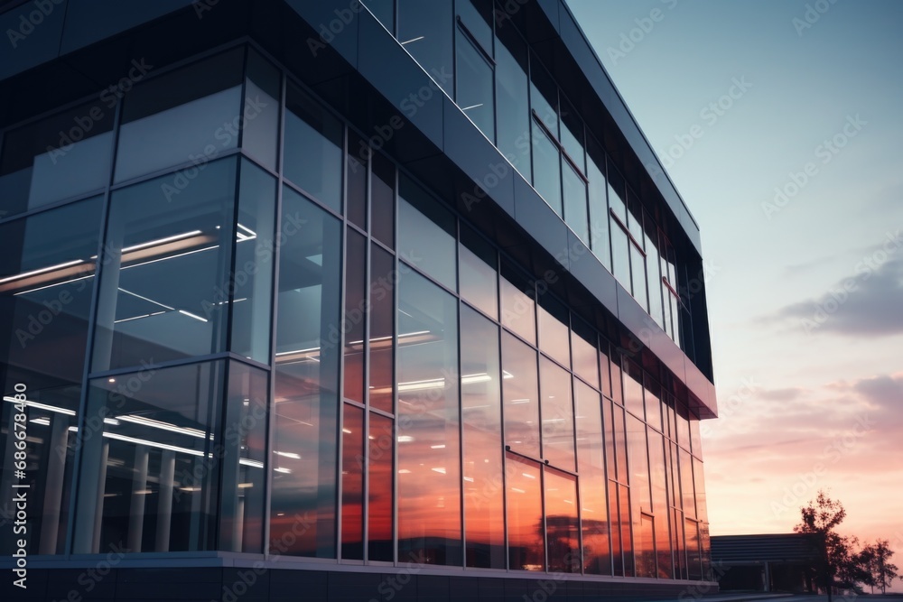 Poster a picture of a building with a beautiful sunset in the background. perfect for adding a touch of ser