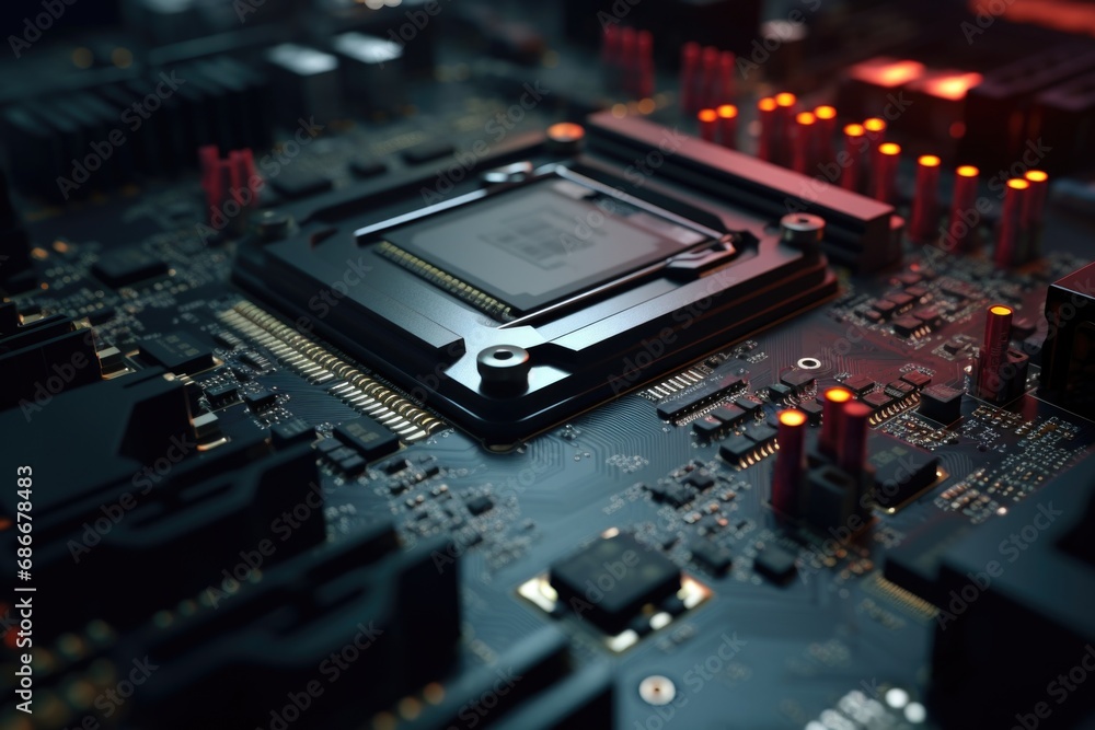 Poster a detailed close-up view of a computer motherboard. this image can be used to illustrate technology,
