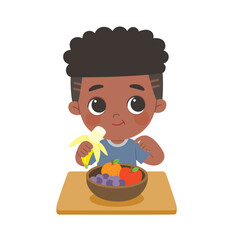 Kid having delicious food. Happy boy enjoy eating fresh fruits.