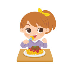 Kid having delicious food. Happy girl enjoy eating spaghetti and meat balls.