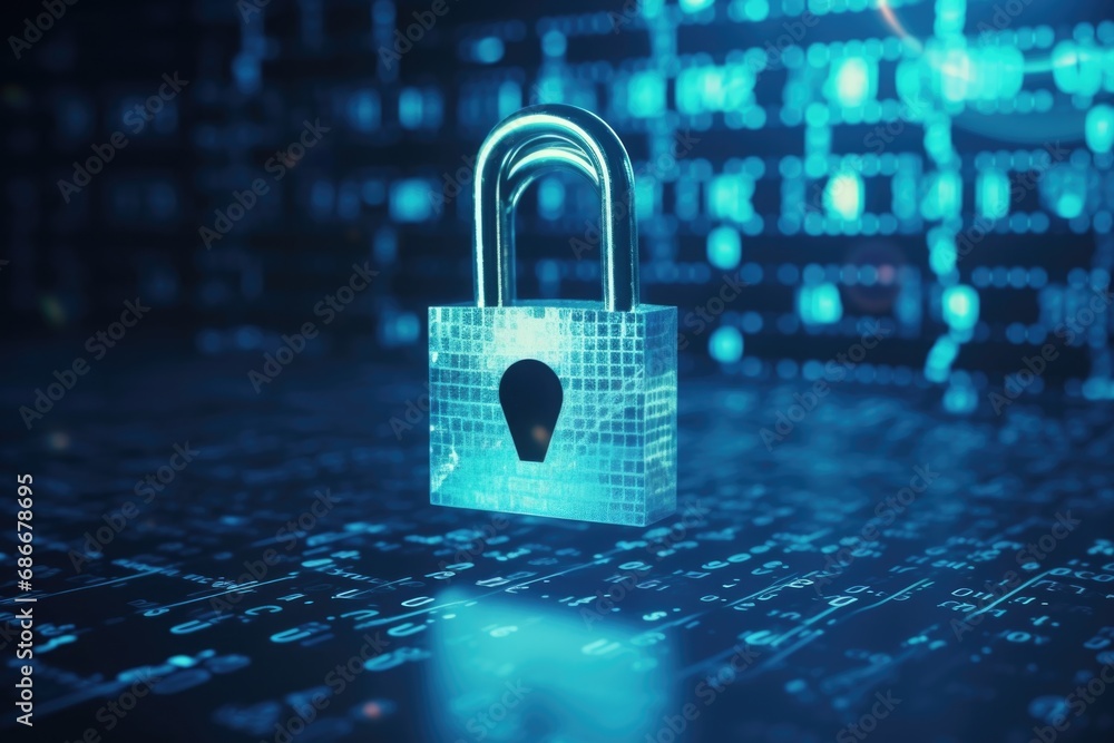 Poster a padlock sitting on top of a computer keyboard. this image can be used to represent online security