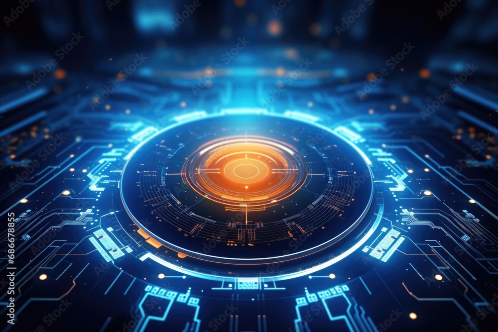 Poster a futuristic circuit board with a glowing circle in the middle. this image can be used to depict tec