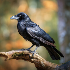 Fototapeta premium Black raven on tree blurred background closeup, ai technology