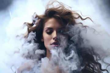 A picture of a woman with her hair blowing in the wind. 