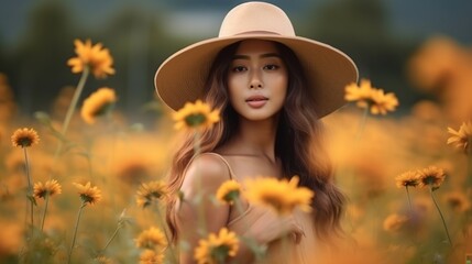 portrait of young woman in straw hat in sunflower garden