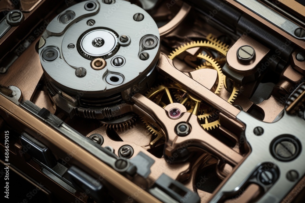 Poster A detailed close-up view of the intricate gears inside a watch. This image can be used to showcase the craftsmanship and mechanics of a timepiece.