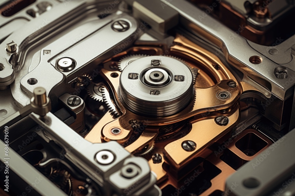 Poster a detailed close-up view of the intricate inner workings of a watch mechanism. this image can be use