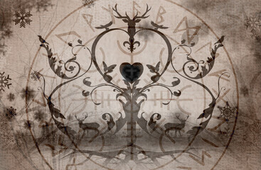 Abstrakte alte Darstellung - Winter mit Wikingerzeichen, Runen und Ornamenten - Leben im Norden mit der Natur