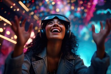 A woman is seen wearing a virtual reality headset while standing in a vibrant nightclub. This image can be used to illustrate the concept of modern technology and entertainment.