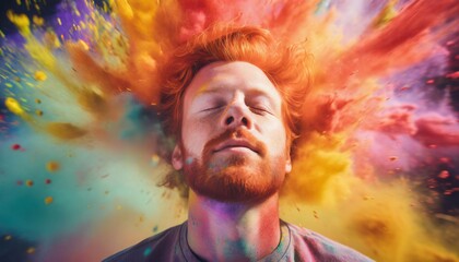 A man with his eyes closed inside a colorful explosion of paint