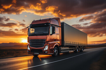 Truck on the road with sunset sky background. Concept of transportation and logistics