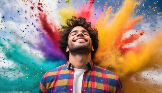 A man with his eyes closed inside a colorful explosion of paint