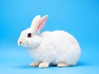 Cute white rabbit on blue background, studio shot. Easter bunny. AI.