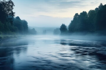 A serene image of a foggy river with trees in the background. Perfect for nature and landscape...