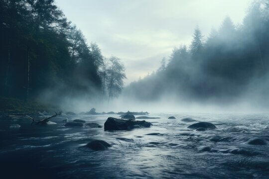 A serene image of a foggy river with rocks and trees in the background. Perfect for nature lovers and landscape enthusiasts.