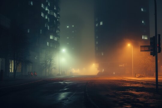 A misty street illuminated by streetlights at night with buildings in the background. Ideal for urban cityscape or atmospheric scenes.