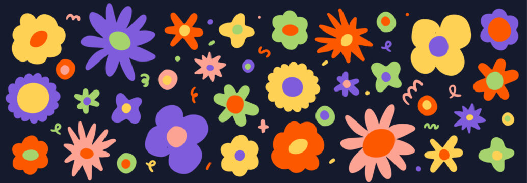 Collection of abstract retro flowers. Vector sticker pack. Set of hippie elements, modern forms, funny flower, confeti, star, loop in trendy 70s, 90s groovy cartoon style.