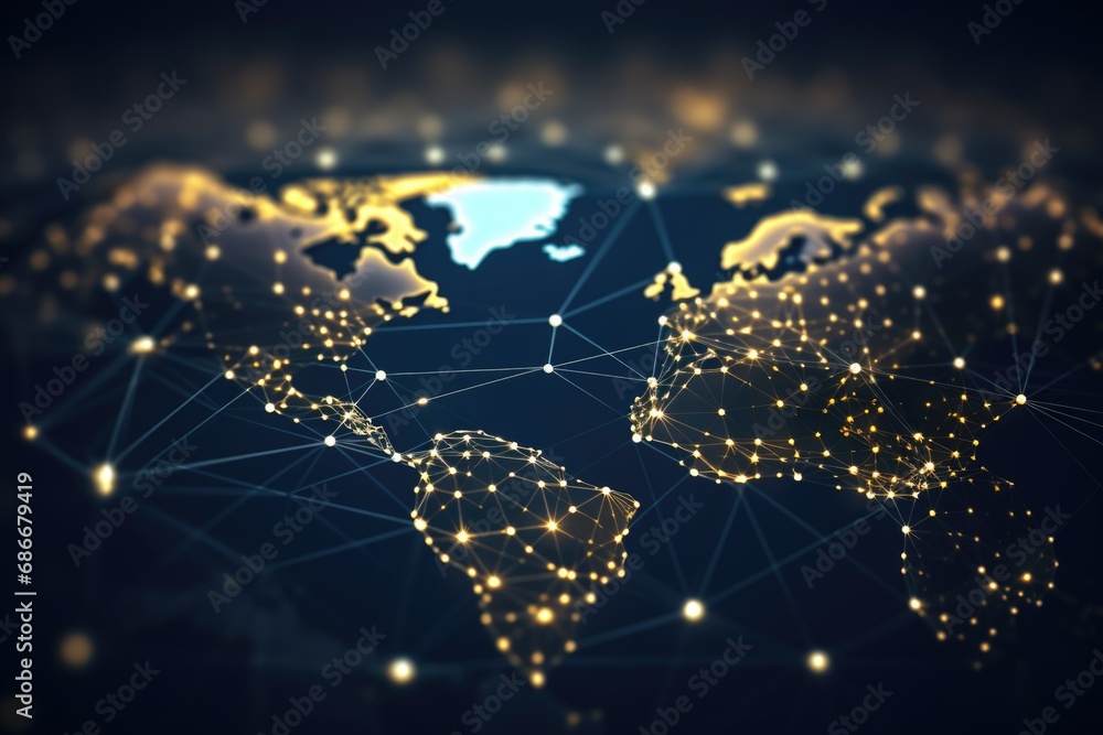 Poster a map of the world is depicted with glowing dots. this versatile image can be used to represent glob