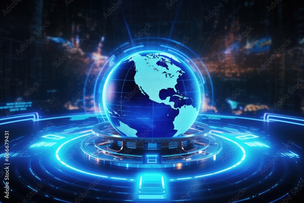 Aufkleber a blue globe is positioned on top of a futuristic display. this image can be used to represent techn