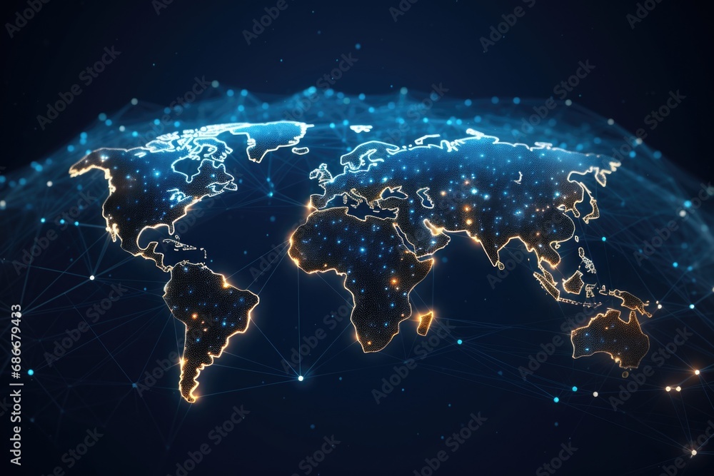 Poster a map of the world on a dark background. this image can be used for various purposes.