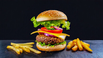  A tasty hamburger with fries, fast food