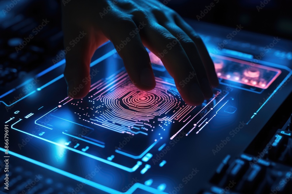 Aufkleber a person is seen touching a finger on a computer screen. this image can be used to illustrate techno