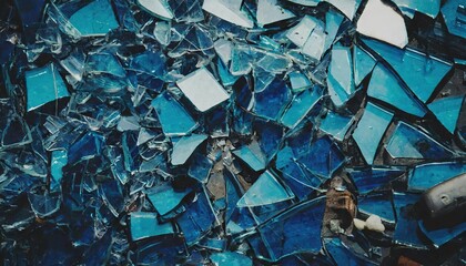 Blue glass broken into many parts, texture, broken glass, broken window, mosaic 