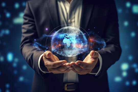 A man in a suit holding a glowing globe. This image can be used to represent global business, sustainability, or the concept of worldwide connections