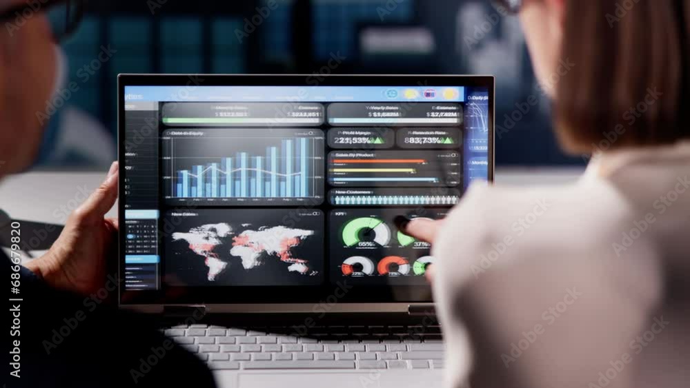 Poster analyzing kpis and report with laptop's graphs