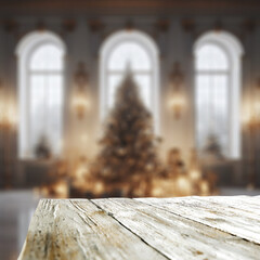 Desk of free space and winter background of christmas tree. Empty space for your decoration and home inteiror. 